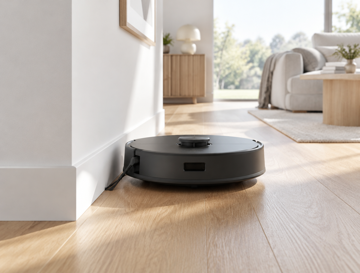 Roborock Qrevo S Pro cleaning of a modern living room