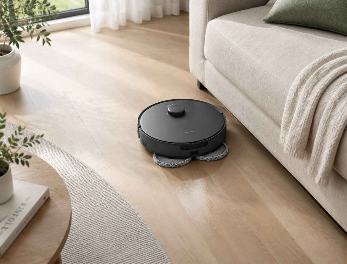 Roborock Qrevo S Pro mopping hardwood floor with rotating mop pads
